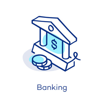 Linear banking icon in isometric view, featuring a decorative curved line with a colorful accent. Symbol representing profit, wealth, account and money.