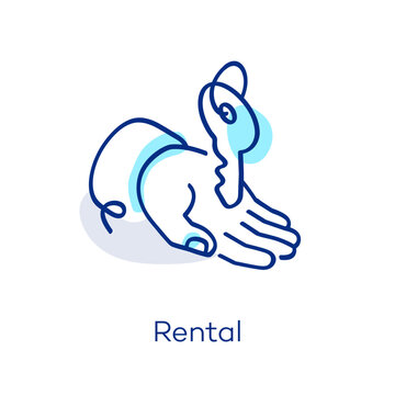 Linear rental icon in isometric view, featuring a decorative curved line with a colorful accent. Symbol representing lease, deposit, sell and housing.