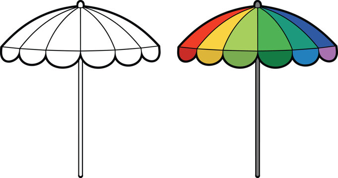 Colorful summer beach umbrella icon vector pair with line art contour and bright rainbow coloring page version