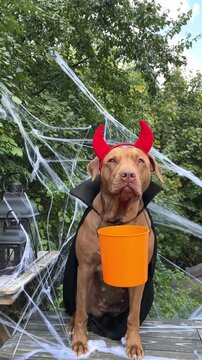 Cute American Pitbull in a festive costume sits with Halloween decorations. Black lanterns, skull candles, spider webs and pumpkin. Symbolizes Halloween fun. Ideal for holiday and pet content