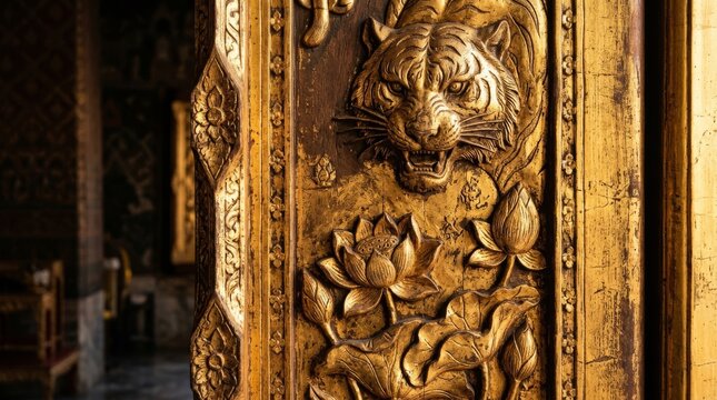 Intricate carved tiger holding lotus flowers on golden textured panel