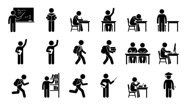 Education stick figure icons set, school student and teacher pictograms, black and white classroom learning symbols for academic infographics