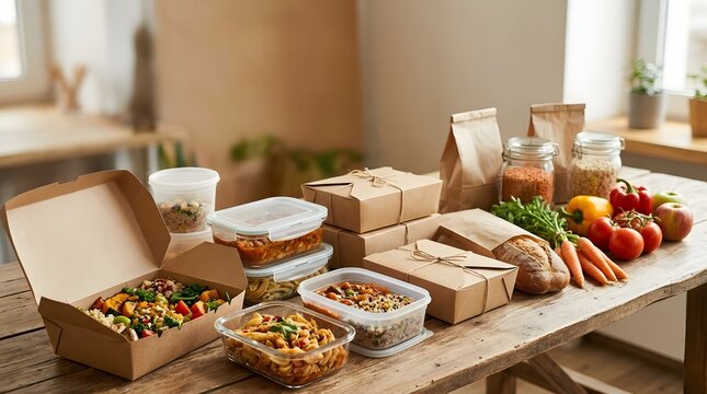 Takeout food containers with various meals and snacks arranged on a marble surface