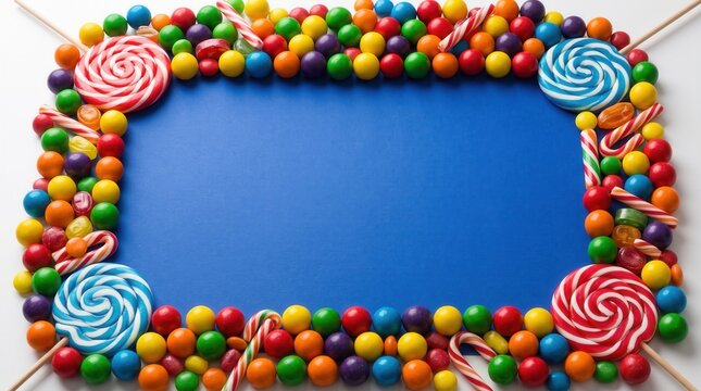 Colorful candy border with lollipops and gumdrops on blue background