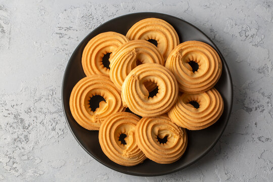 Sweet and tasty round butter cookies. Round ring shaped German spritz biscuits