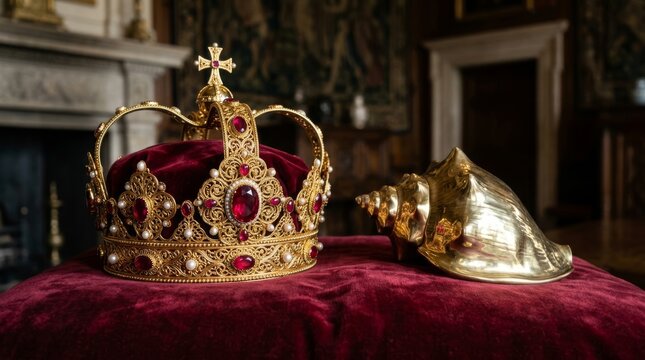 Ornate golden crown with jewels on velvet cloth beside ceremonial