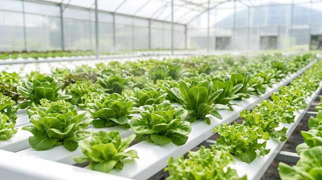 Rows of fresh green lettuce plants growing hydroponically in a modern commercial greenhouse with a misting system.