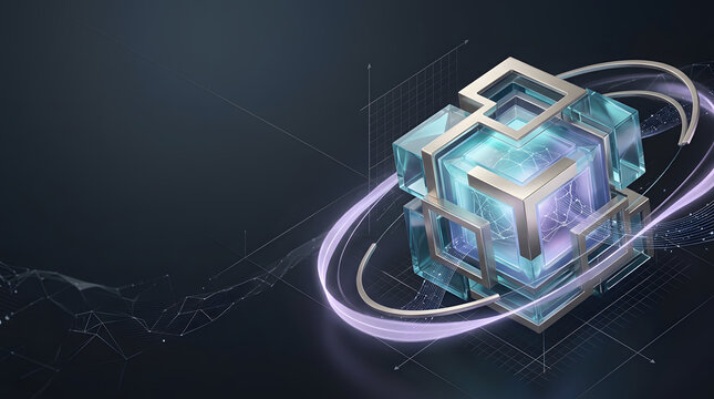 Abstract 3D futuristic technology cube with glowing orbit rings and digital wireframe background