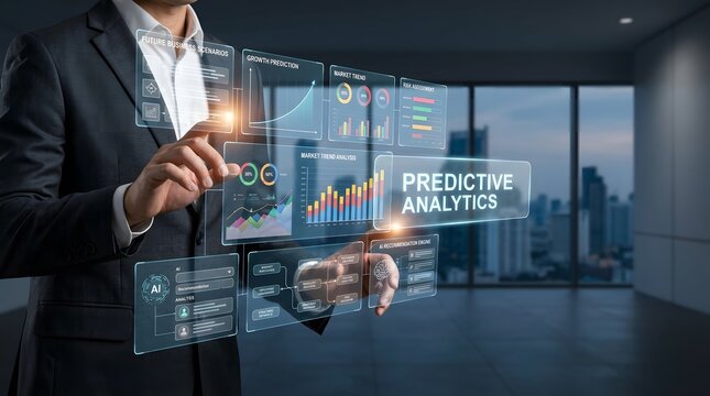 Business professional analyzing data visualization with a modern city skyline background
