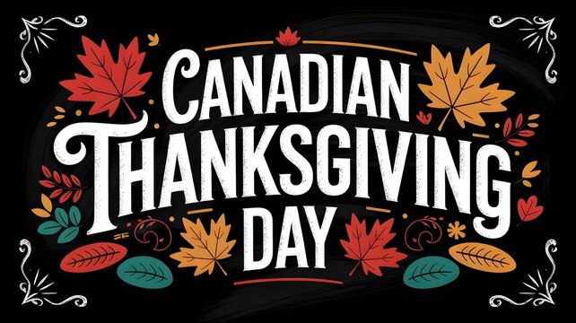 Canadian thanksgiving day typography poster design with autumn maple leaves on chalkboard background hand drawn lettering for holiday greeting card, invitation, banner, flyer, or social media post