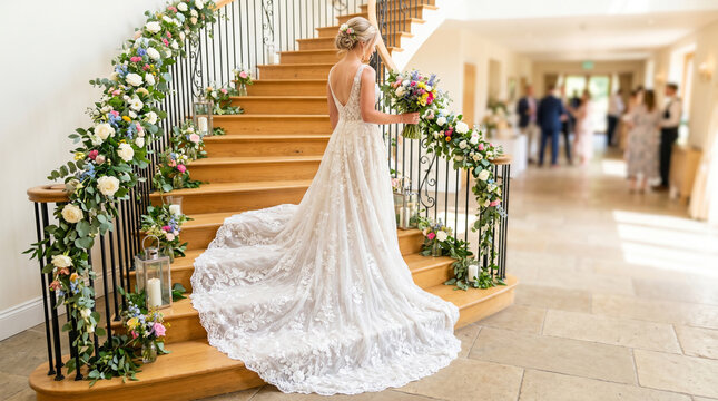 Bride in wedding dress with long train ascending elegant staircase  