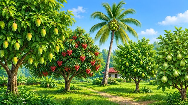 Vibrant Tropical Fruit Orchard Retreat