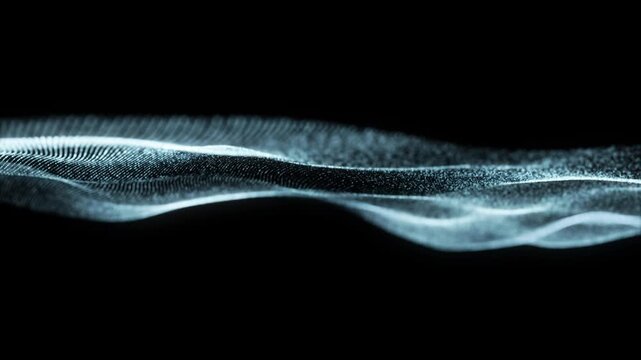 Abstract white particle wave formed by countless glowing dots flowing across a dark background. The elegant futuristic composition represents data flow, digital connectivity