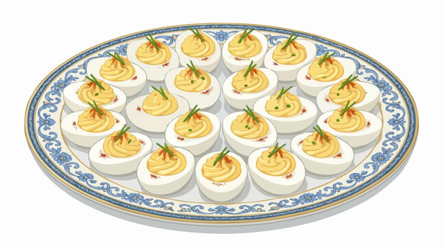 A platter filled with delicious deviled eggs, garnished with herbs and spices, ready to be served at a gathering