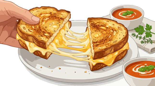 A delicious grilled cheese sandwich, cut in half to reveal melted cheese stretching out, served with two bowls of tomato soup and a sprig of parsley