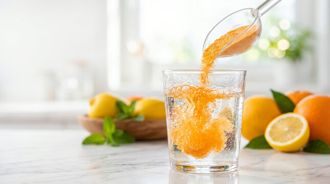 Vitamin C powder dissolving in water with citrus fruits in background  