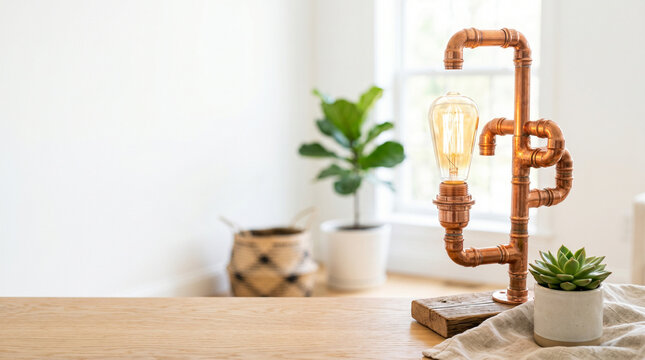 Vintage lamp housing copper pipe fitting in modern living room  