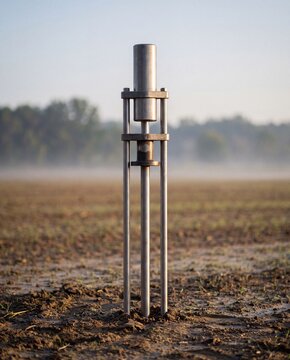 Metallic soil testing probe inserted into agricultural field during foggy morning