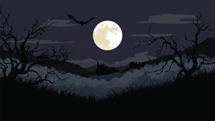 Fototapeta premium Halloween night vector background. Halloween Night Landscape Vector with Full Moon, Bats and Spooky Dead Trees – Dark Forest Background Illustration 