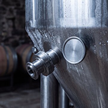 Close up of wet stainless steel fermentation tank in industrial brewery