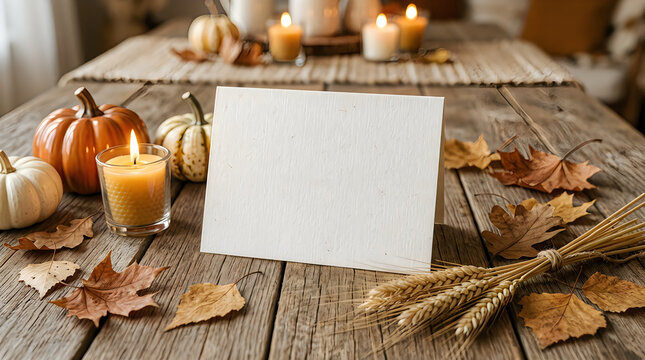 Rustic pumpkins and wheat on wooden surface