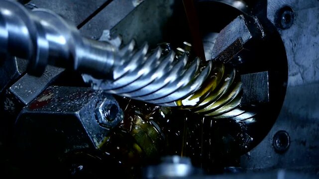 Close-Up of a Lubricated Metal Worm Gear Mechanism in an Industrial Machine