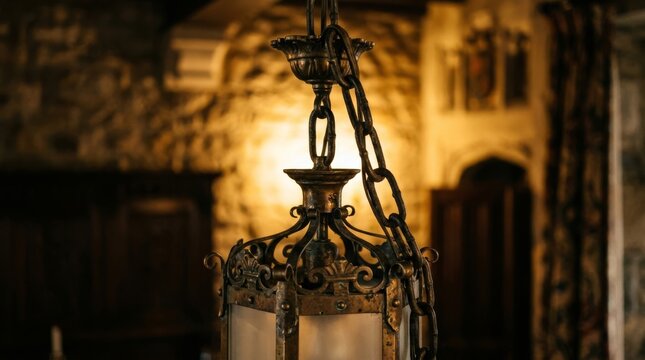 Close up of ornate hanging lantern emitting warm light indoors