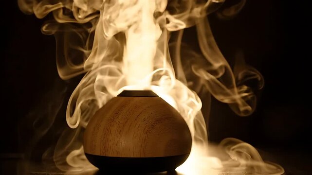 Wooden Aroma Diffuser Releasing Swirling Smoke, Creating a Calming and Meditative Atmosphere. Gentle Motion and Warm Lighting.