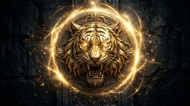 Golden tiger head emblem glowing with intricate light details on dark