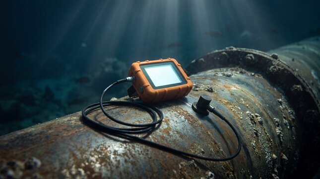 Underwater non destructive testing equipment on rusty pipeline with copy space