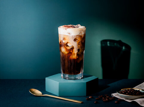 Tall glass of iced coffee with creamy foam and chocolate topping on a teal podium