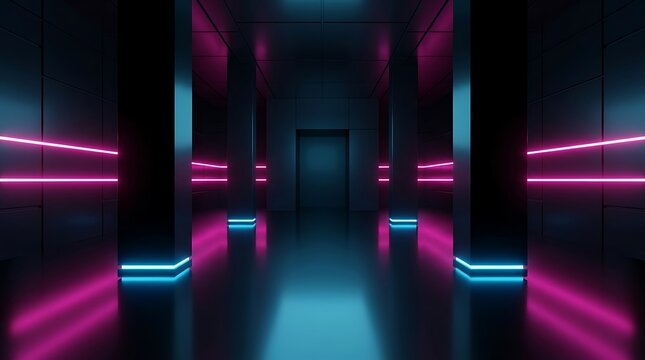 Dark corridor with symmetrical pillars, illuminated by glowing horizontal magenta neon light strips and cyan floor accent lighting
