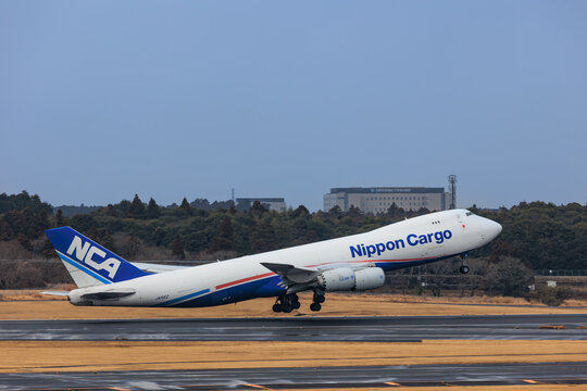 Nippon Cargo Airlines NCA Boeing 747-8F climbing with gear retracting on January 25, 2025 at Narita Airport, Japan