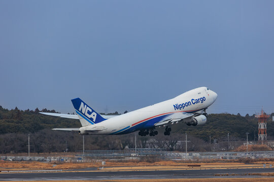Nippon Cargo Airlines NCA Boeing 747-8F climbing in blue sky on January 25, 2025 at Narita Airport, Japan