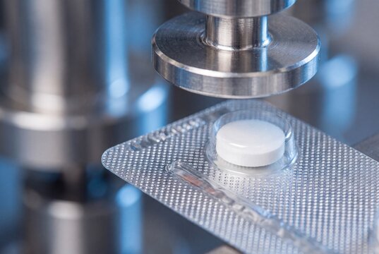 Close up of automated blister packaging machine pressing pharmaceutical white pill