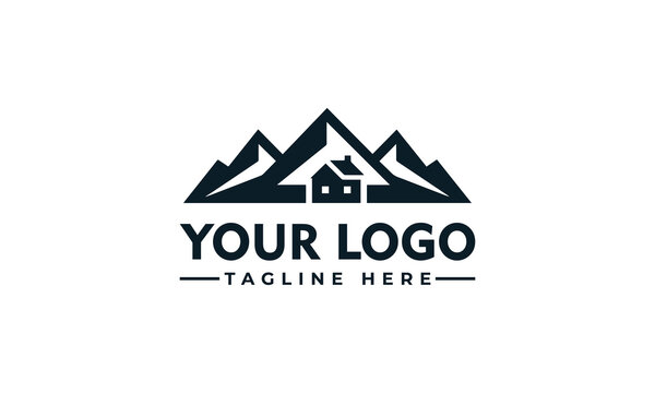 Mountain House Logo design template featuring a rustic cabin nestled in front of majestic peaks for real estate or travel branding