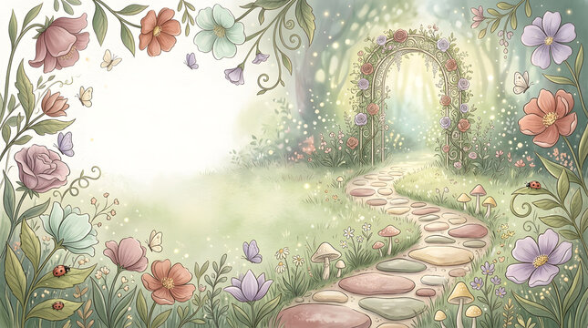 Enchanting Fairy Garden Pathway Lined with Blooming Flowers and Butterflies in Soft Pastel Hues