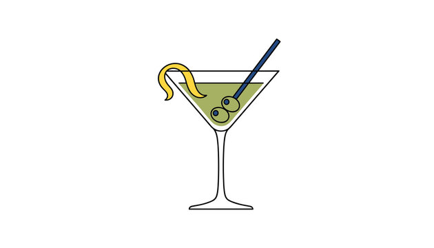 Classic martini cocktail in a clear triangular glass garnished with two green olives on a toothpick and a lemon peel twist.
