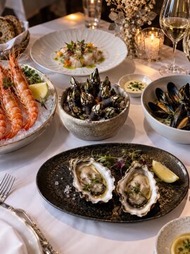 Luxuri&ouml;se Auswahl frischer spanischer Meeresfr&uuml;chte im Edelrestaurant &ndash; Austern, Garnelen, Muscheln und feine Vorspeisen stilvoll pr&auml;sentiert f&uuml;r Gourmet und Fine Dining.