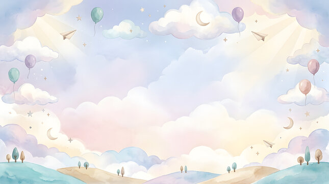 Dreamy pastel sky with fluffy clouds, balloons, paper airplanes, and rolling hills - beautiful landscape illustration