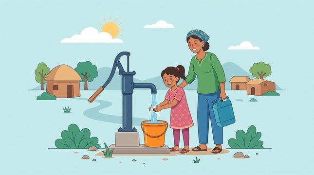 Woman and child fetching water from a hand pump