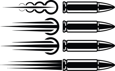 Collection of flying bullet silhouettes, dynamic shooting paths, projectile motion trails and isolated monochrome weapon ammunition graphics. © Dalim 4