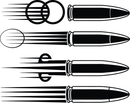 Collection of flying bullet silhouettes, dynamic shooting paths, projectile motion trails and isolated monochrome weapon ammunition graphics.