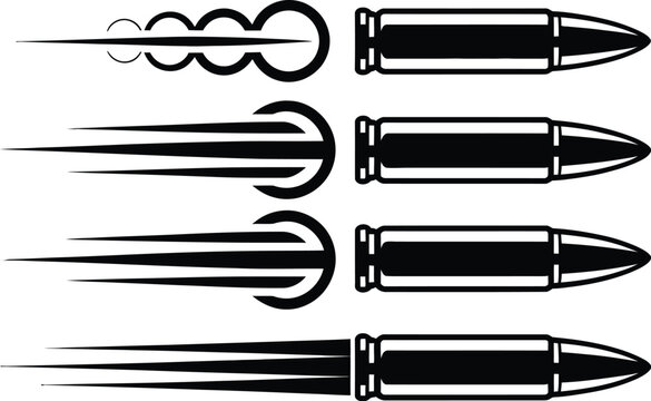 Collection of flying bullet silhouettes, dynamic shooting paths, projectile motion trails and isolated monochrome weapon ammunition graphics.