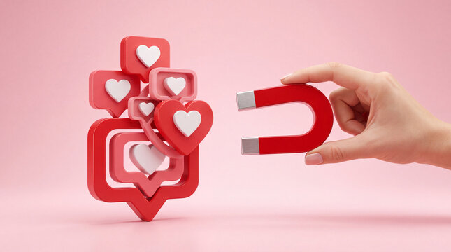 Close Up of a Hand Holding a Red Horseshoe Magnet Attracting Heart Like Icons and Social Media Notifications on a Pink Background, Representing Digital Marketing and Audience Engagement Strategy