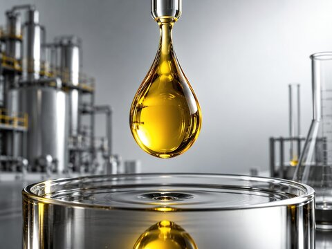 Golden drop representing sulfuric acid on a metal container in an industrial laboratory setting&mdash;chemistry, processing, and petrochemical production.
