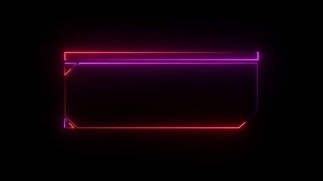 Neon frame elements trace pink and red glowing lines across dark displays. Motion graphics production packages incorporate this neon frame asset. Digital neon frame borders glow.4k animation video