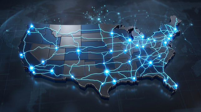 3d render of the united states map with a glowing digital network of connected nodes and lines representing infrastructure or communication