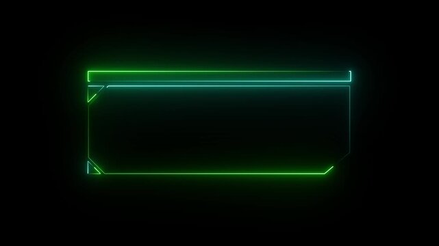 Neon frame elements trace green and white glowing lines across dark displays. Motion graphics production packages incorporate this neon frame asset. Digital neon frame borders glow.4k animation video