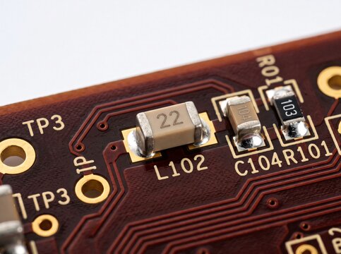 SMD inductor L102 labeled 22 on brown PCB with copper traces and capacitor.